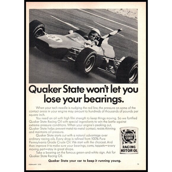 1970 Quaker State Motor Oil Vintage Print Ad Open Wheel Checkered Flag Wall Art - Picture 1 of 1